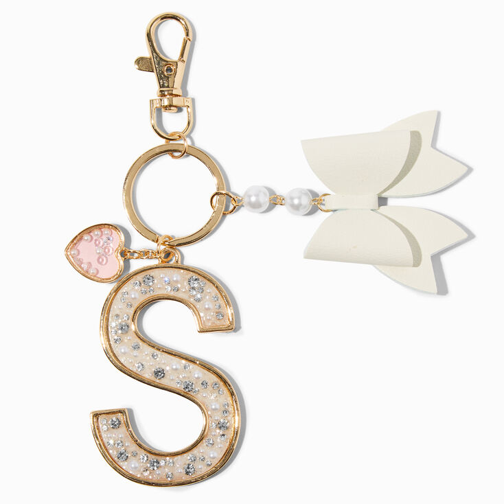 Pearl &amp; Crystal Gold-tone Initial Keychain - S,