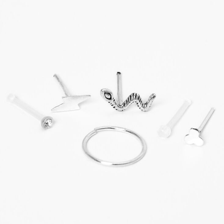 Sterling Silver 22G Lightning Bolt Snake Mixed Nose Rings - 6 Pack,