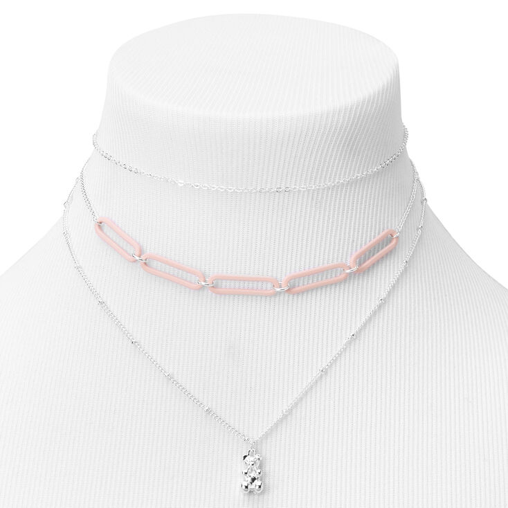 Silver Gummy Bear Pendant Choker Multi Strand Necklace,