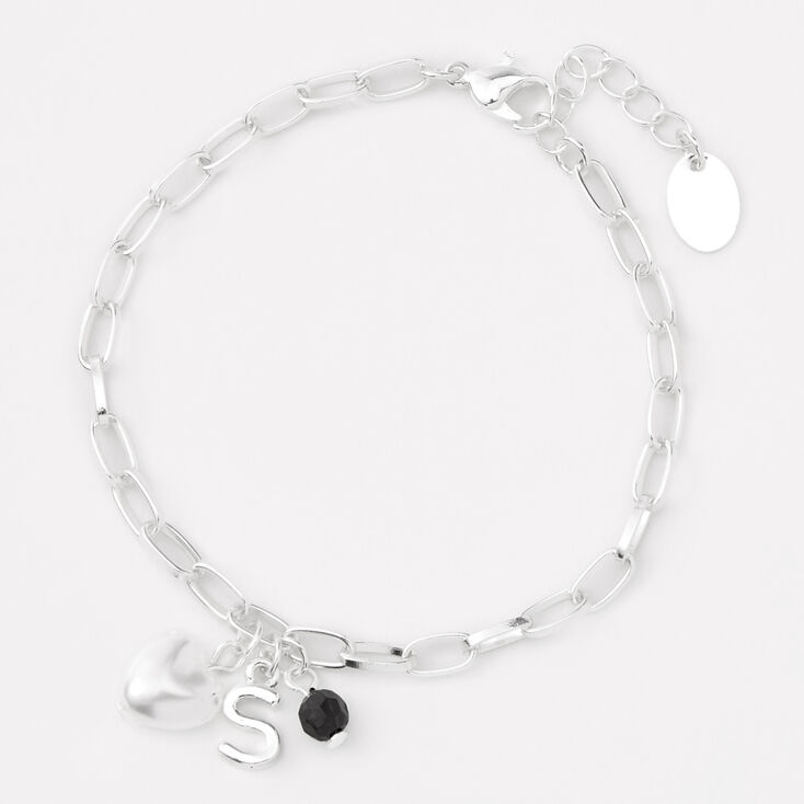 Silver Initial Puffy Heart Charm Bracelet - S,