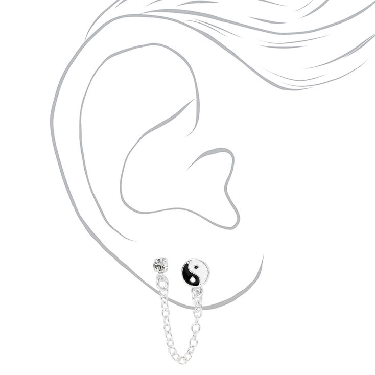 Silver Yin Yang &amp; Faux Crystal Stud Connector Chain Earrings,