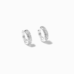 Silver Crystal Rows Embellished 15MM Huggie Hoop Earrings,