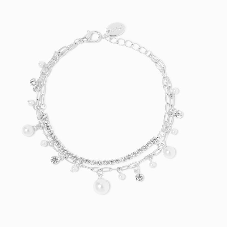 Pearl &amp; Crystal Silver Paperclip Chain Bracelet,