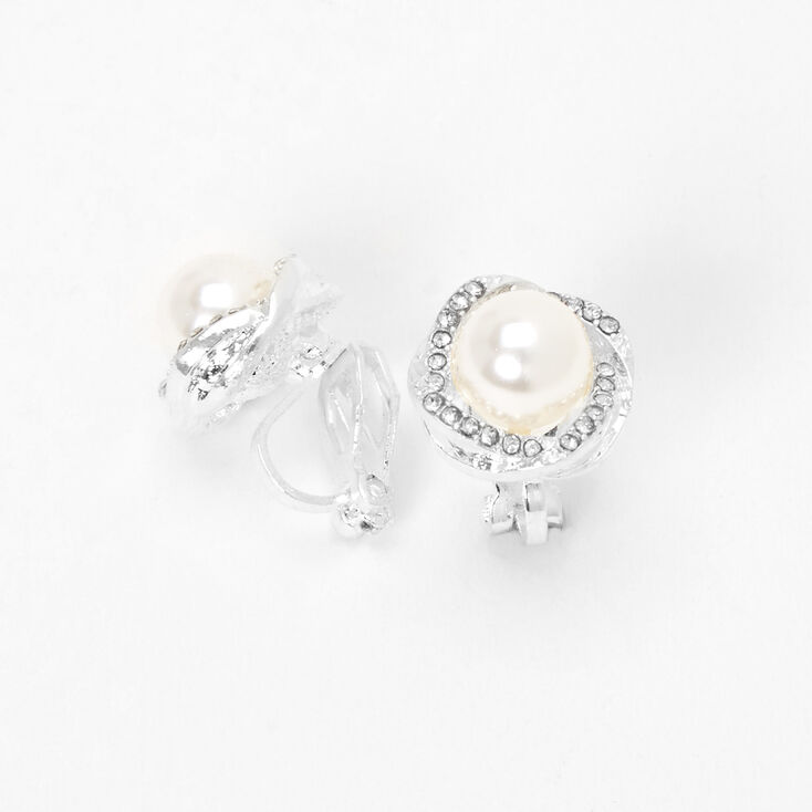 Silver Embellished Halo Pearl Clip-On Stud Earrings,