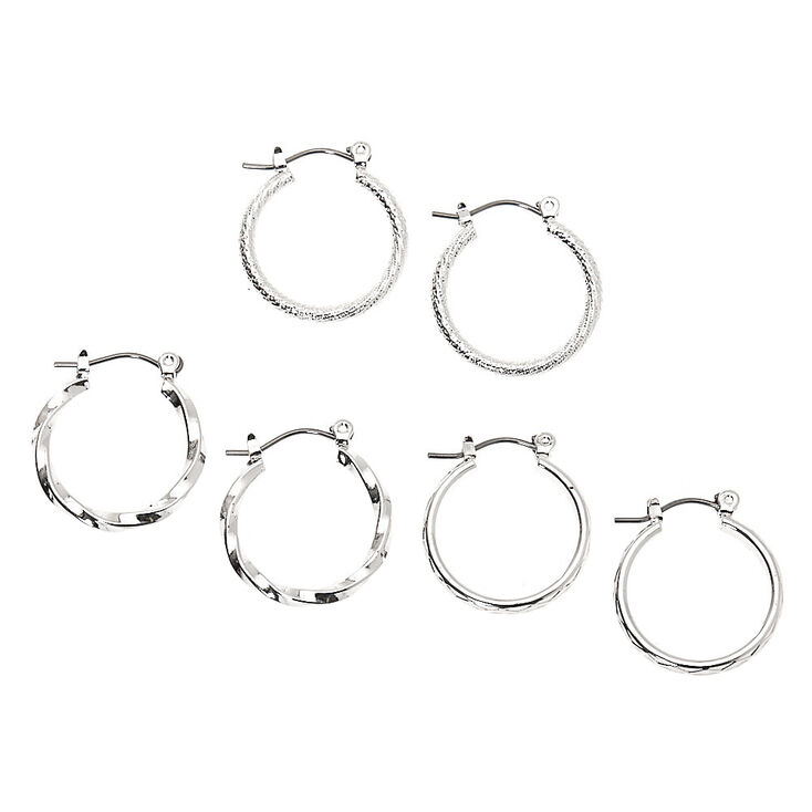 Silver 20MM Textured Hoop Earrings - 3 Pack,