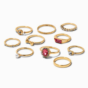 Gold-tone &amp; Fuchsia Bow Mixed Rings - 10 Pack,