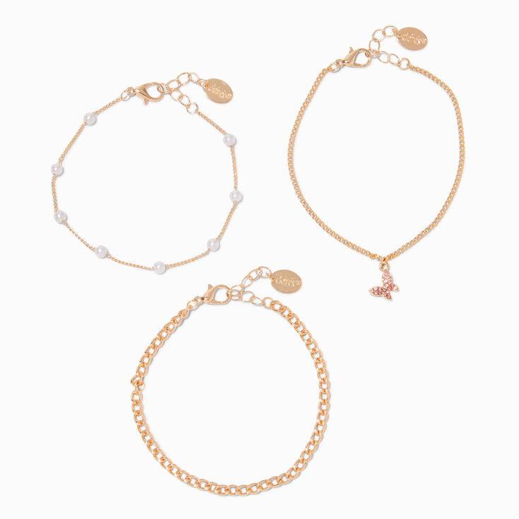 Gold-tone Pink Butterfly &amp; Pearl Bracelet Set - 3 Pack,