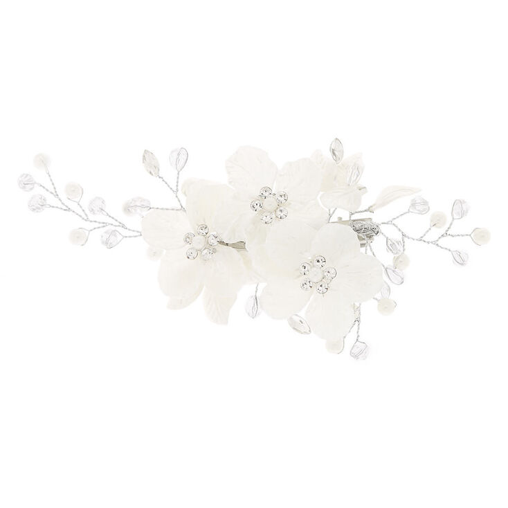 Pearlized Crystal Flower Hair Clip - White,