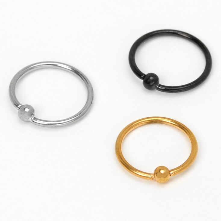 Mixed Metal Titanium 22G Ball Hoop Nose Rings - 3 Pack,