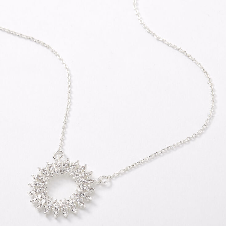 Silver Cubic Zirconia Sun Burst Pendant Necklace,