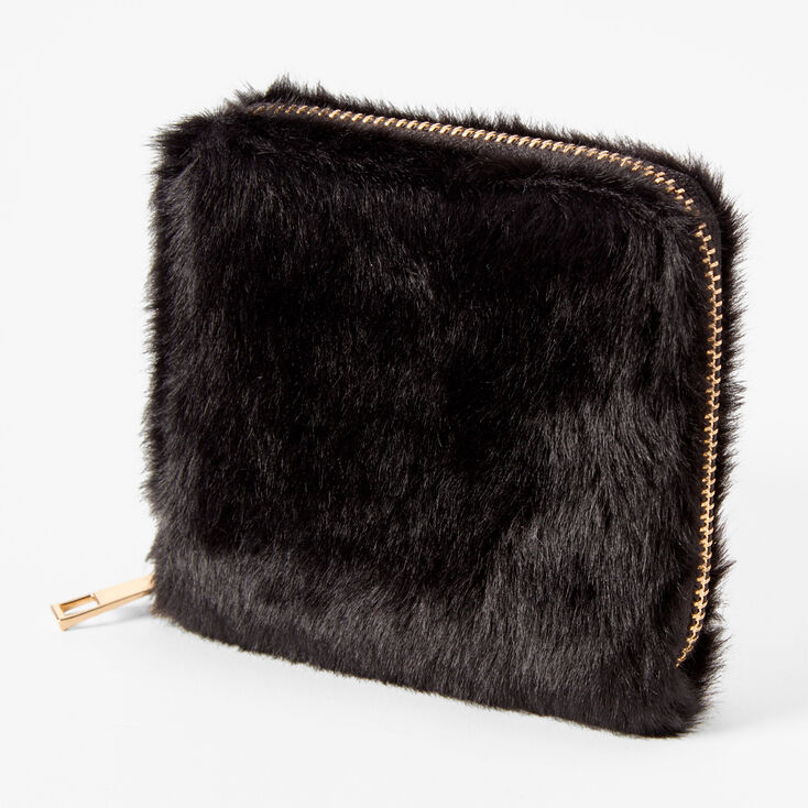 Faux Fur Mini Zip Wallet - Black,