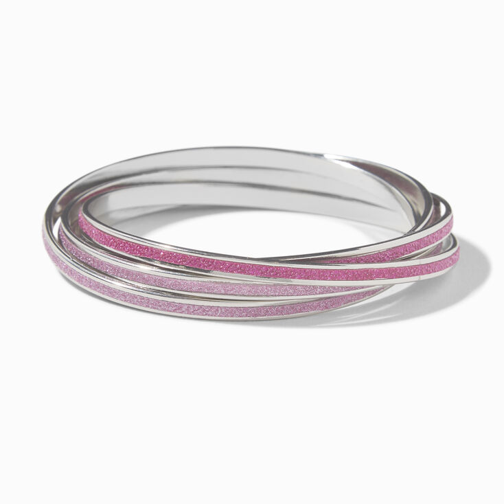 Silver-tone 5-in-1 Pink Glitter Bangle Bracelet,