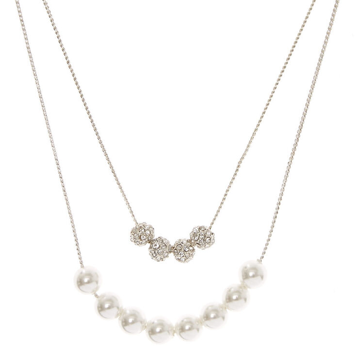 Silver Tone Double Strand Fireball & White Faux Pearl Necklace,