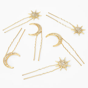 Celestial Crystal Hair Pins - Gold, 6 Pack,