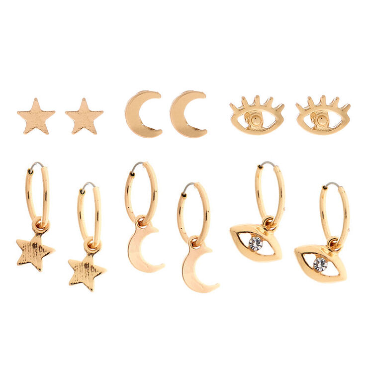 Gold Celestial Evil Eye Mixed Earrings - 6 Pack,