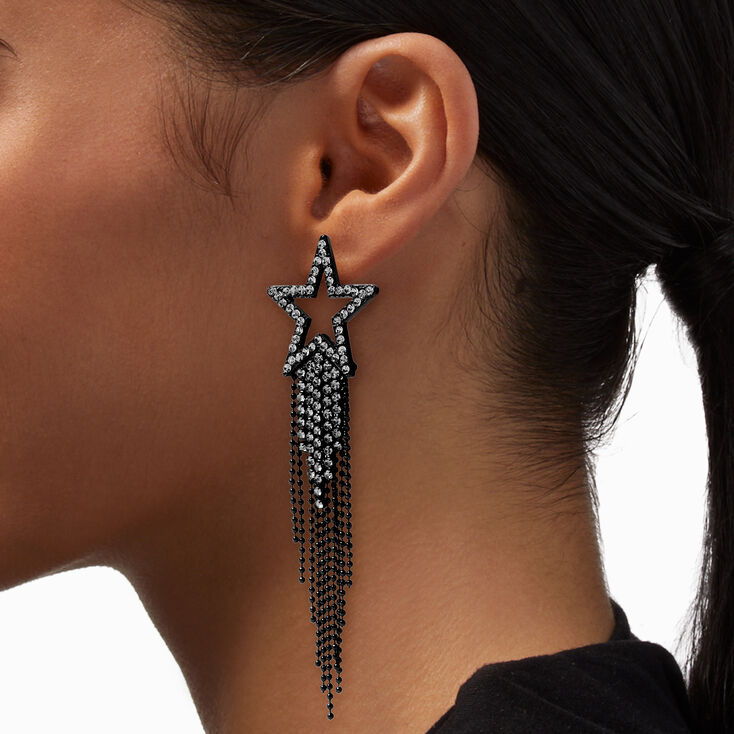 Black Crystal Star Fringe 4&quot; Drop Earrings,