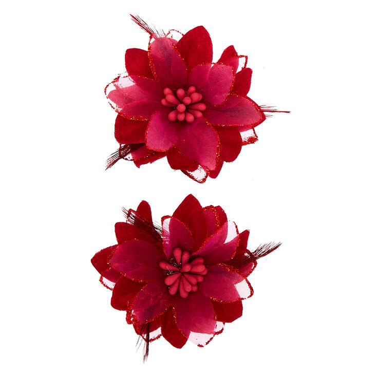 Feather Lilly Flower Hair Clip - Burgundy, 2 Pack,