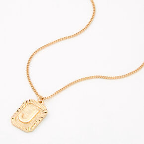 Gold-tone Initial Rectangle Medallion Pendant Necklace - J,