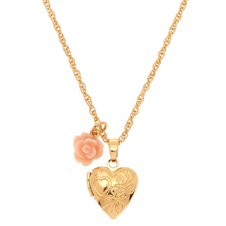Gold Engraved Heart Locket Pendant Necklace,