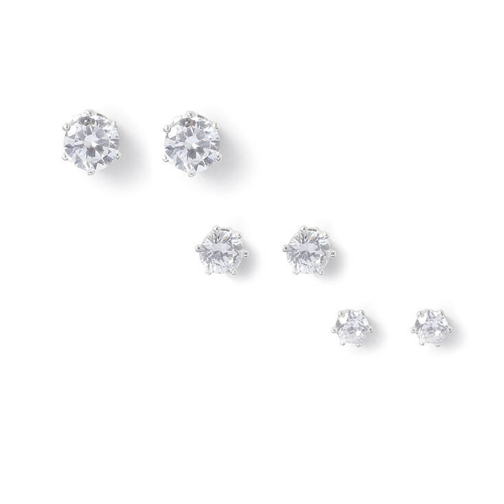 Silver Cubic Zirconia Round Stud Earrings  - 3 Pack,