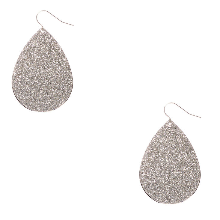 Silver Glitter Teardrop Drop Earrings,