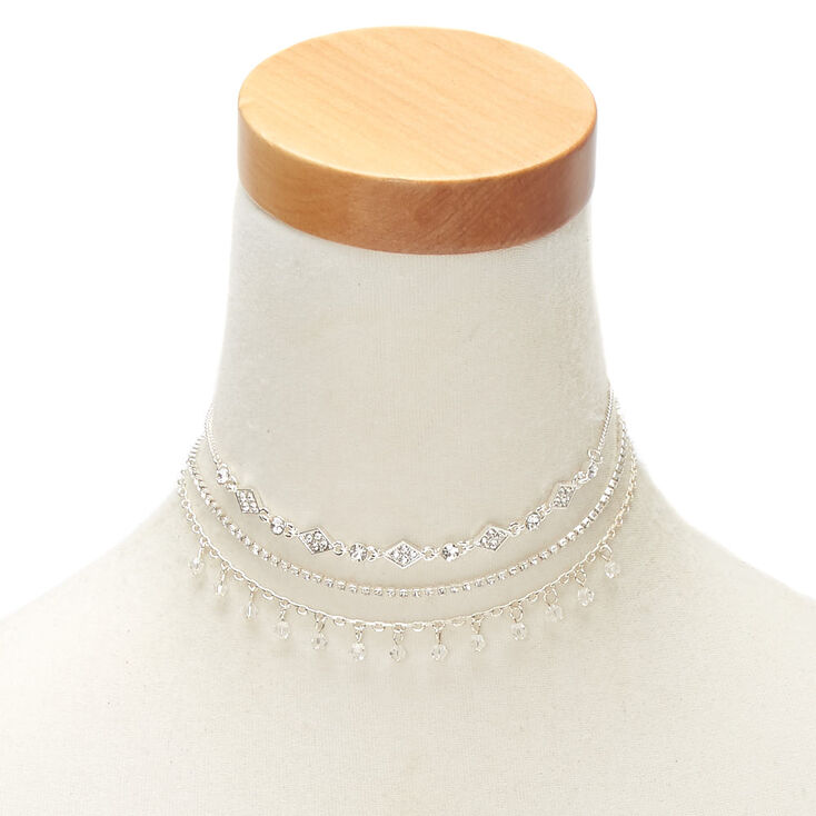 Silver Rhinestone Multi Strand Choker Necklace,