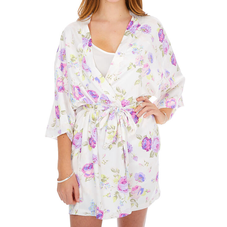Floral Satin Robe - White,