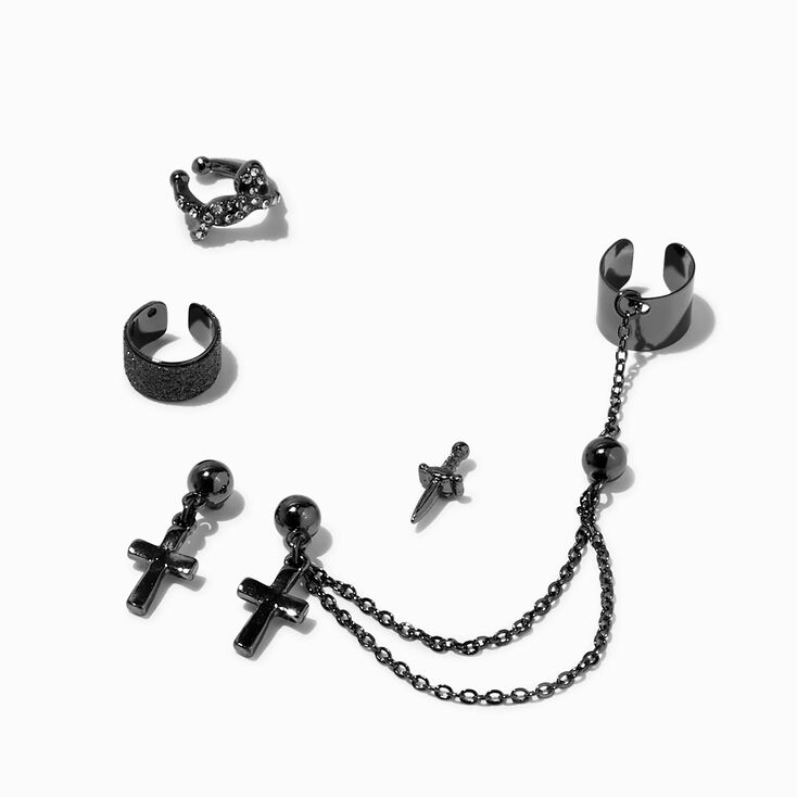 Black Sword &amp; Cross Connector Cuff Earring Stackables - 5 Pack,