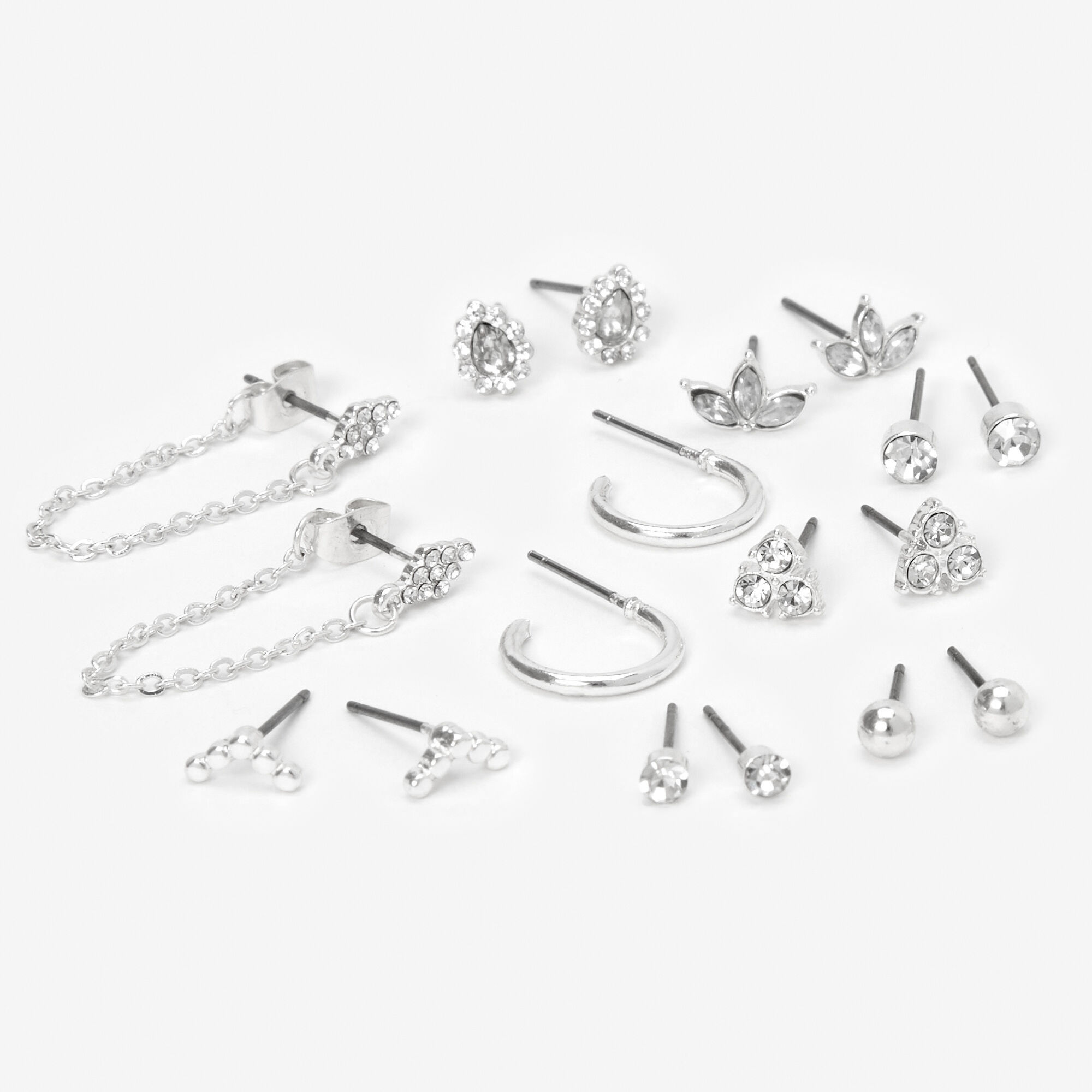 Silver Fancy Crystal Mixed Earrings 9 Pack