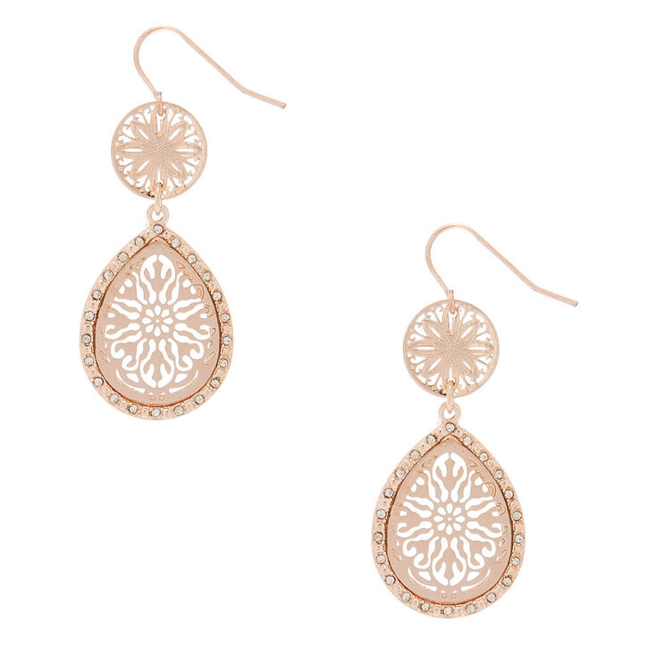 Rose Gold 1.5" Crystal Filigree Drop Earrings,