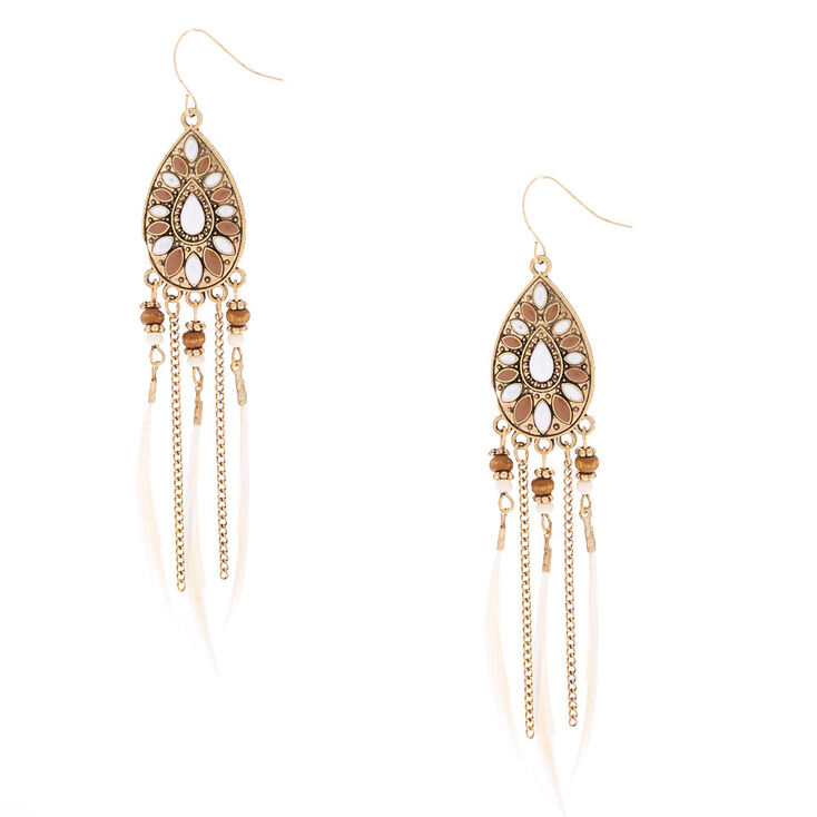 Gold 4&quot; Beaded Feather Teardrop Drop Earrings - White,