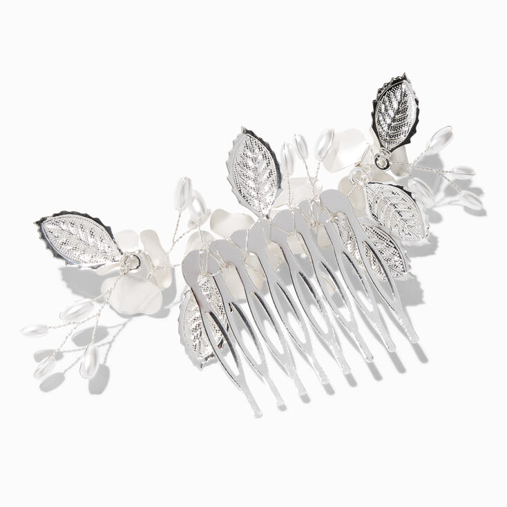 Embellished Matte Silver &amp; Pearl Flower Hair Comb,