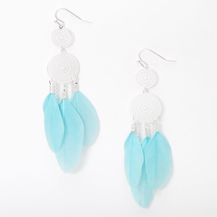 Silver 3" Filigree Feather Drop Earrings - Mint,