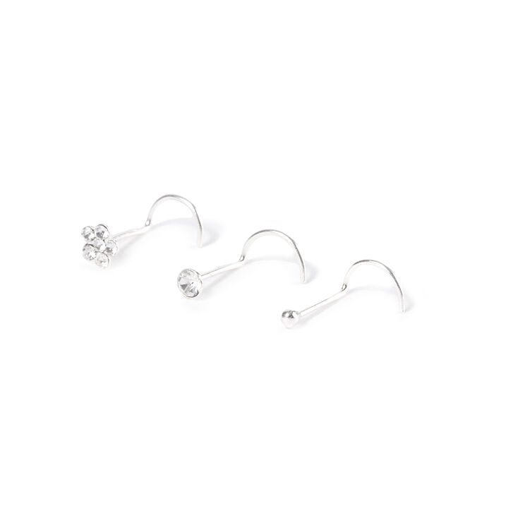 20G Sterling Silver Crystal, Crystal Flower & Ball Hook Nose Studs Set of 3,