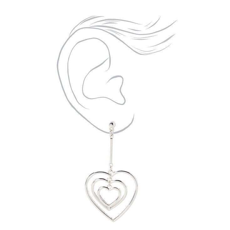 Silver Triple Hearts 2&quot; Drop Earrings,