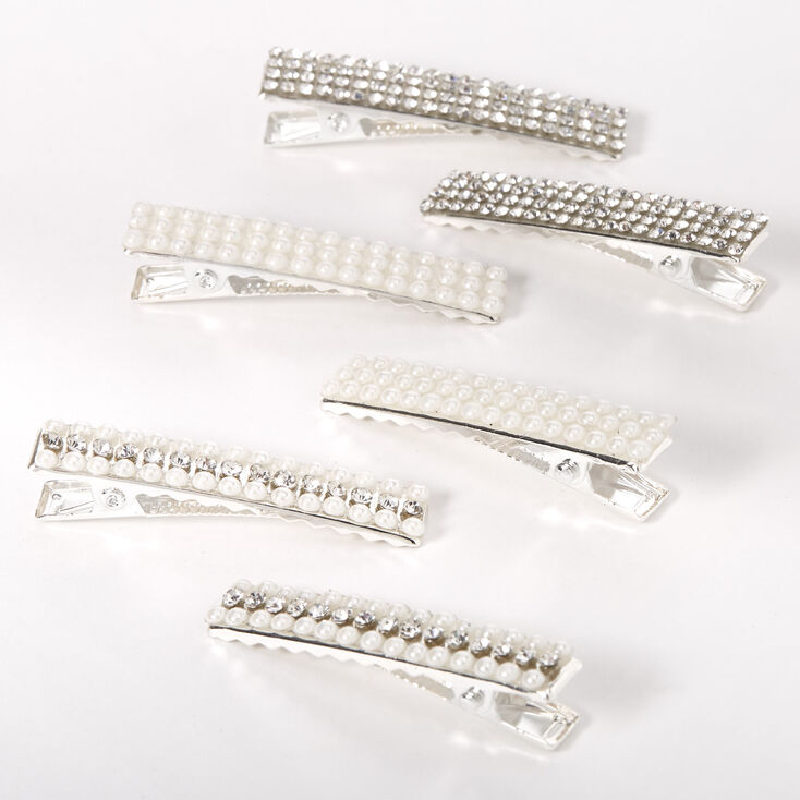 Rhinestone & Pearl Rectangle Hair Clips - 6 Pack,