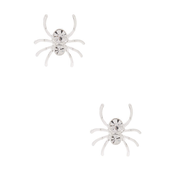 Silver Crystal Spider Stud Earrings,