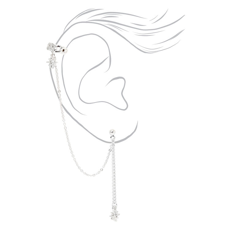 Silver Starburst Ear Cuff Connector Chain Earrings,
