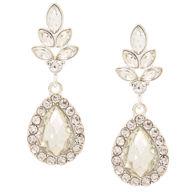 Silver 2" Glass Rhinestone Teardrop Drop Earrings,