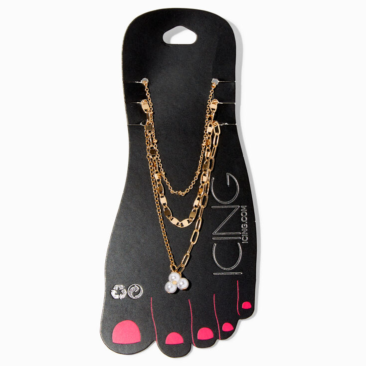 Pearl Charm Gold Mixed Chain Anklets - 3 Pack,