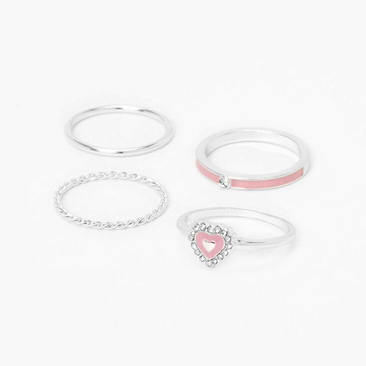 Silver Pink Heart Woven Rings - 4 Pack,