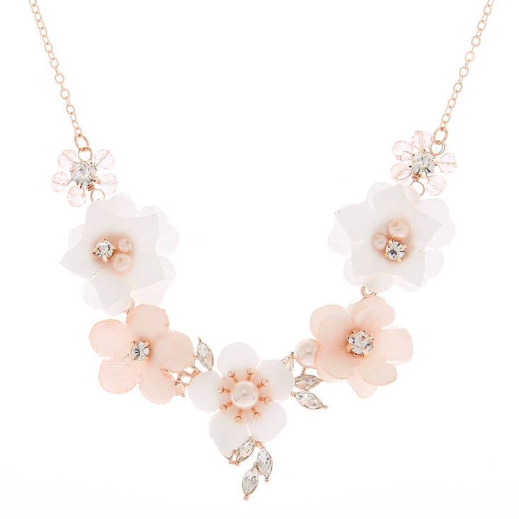 Rose Gold Rhinestone & Pearl Floral Statement Necklace - Blush,