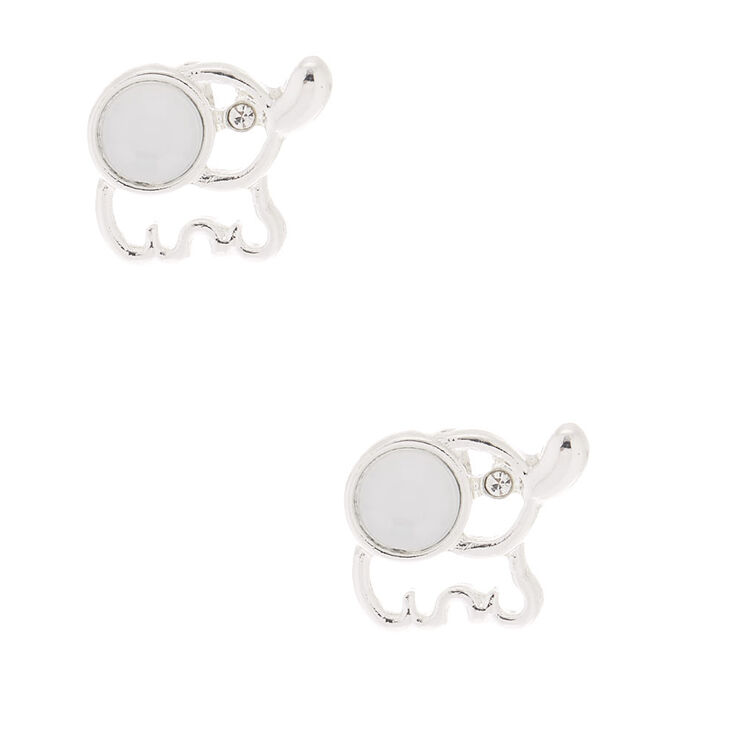 Silver &amp; Crystal Elephant Stud Earrings - White,