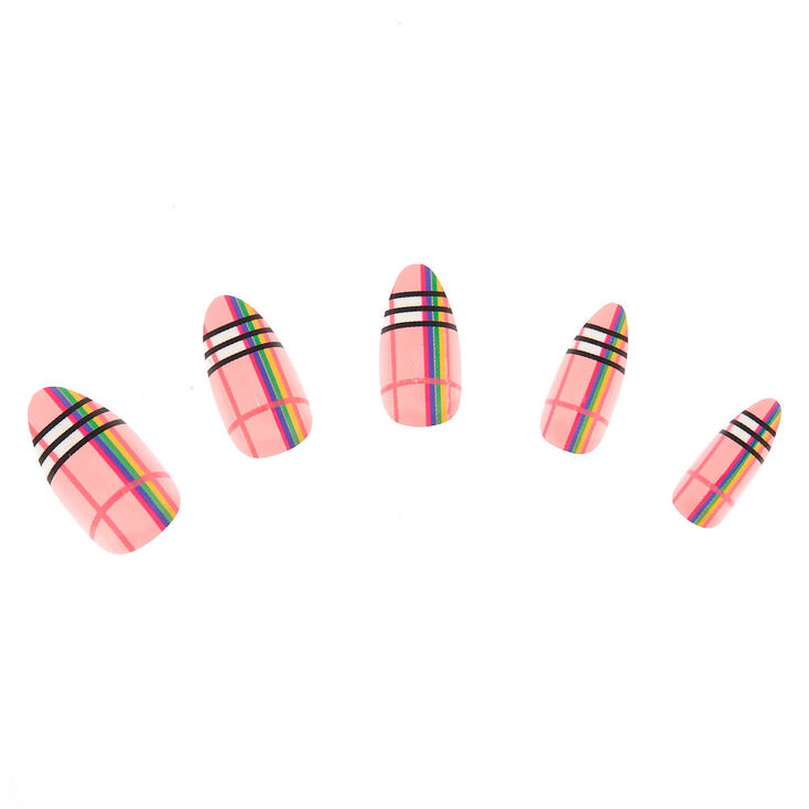 Rainbow Plaid Faux Nail Set - Pink, 24 Pack,
