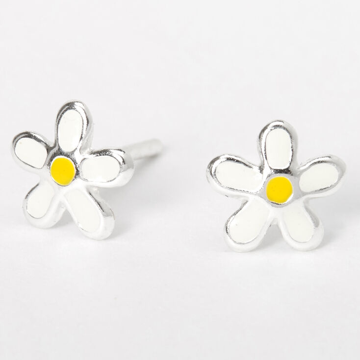 Sterling Silver Daisy Stud Earrings - White,