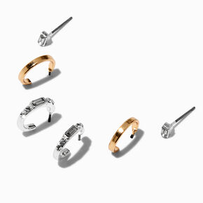Mixed Metal Geometric Crystal Hoop &amp; Stud Earring Stackables Set - 3 Pack,