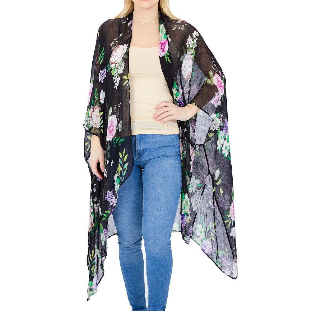 sheer black floral kimono