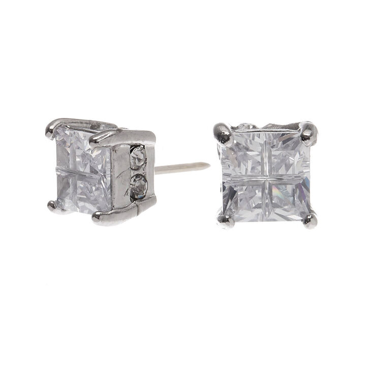 Silver Cubic Zirconia Square Stud Earrings - 6MM,