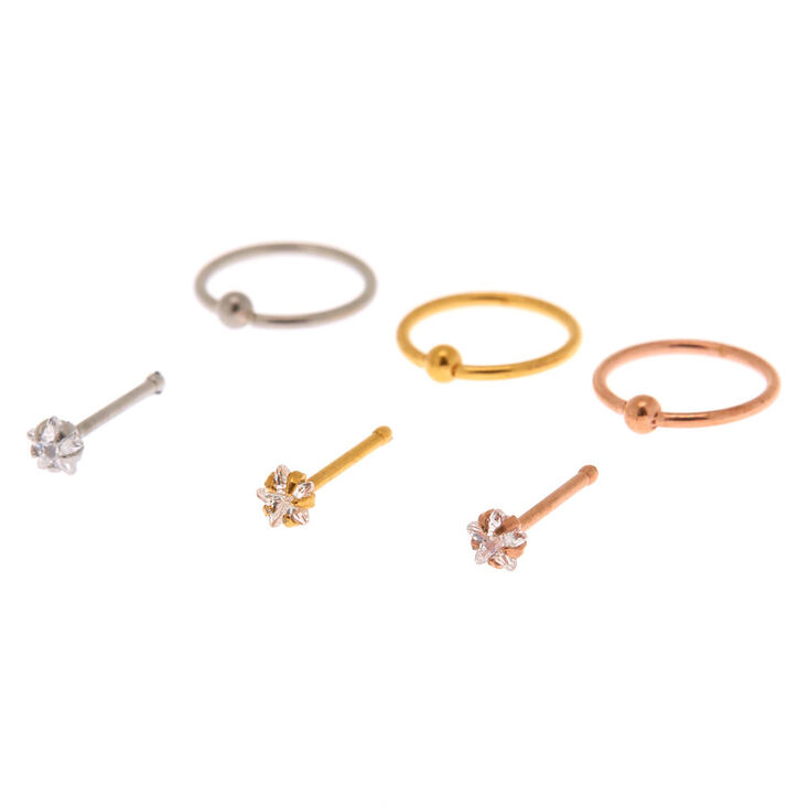 Mixed Metal 20G Star Stud & Hoop Nose Rings - 6 Pack,