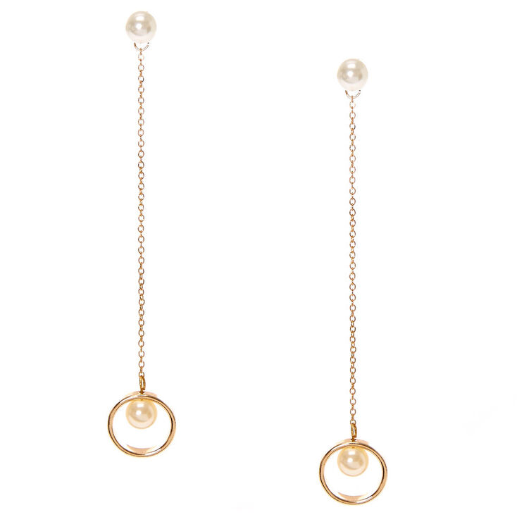 White Faux Pearl & Gold Tone Chain Front & Back Drop Earrings,